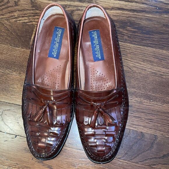 Giorgio Brutini Le Glove brown woven toe tassel slip on loafers - Picture 1 of 8